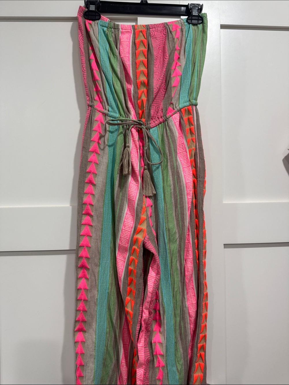 Elan Multicolor Striped Strapless Jumpsuit with Tassel Drawstring